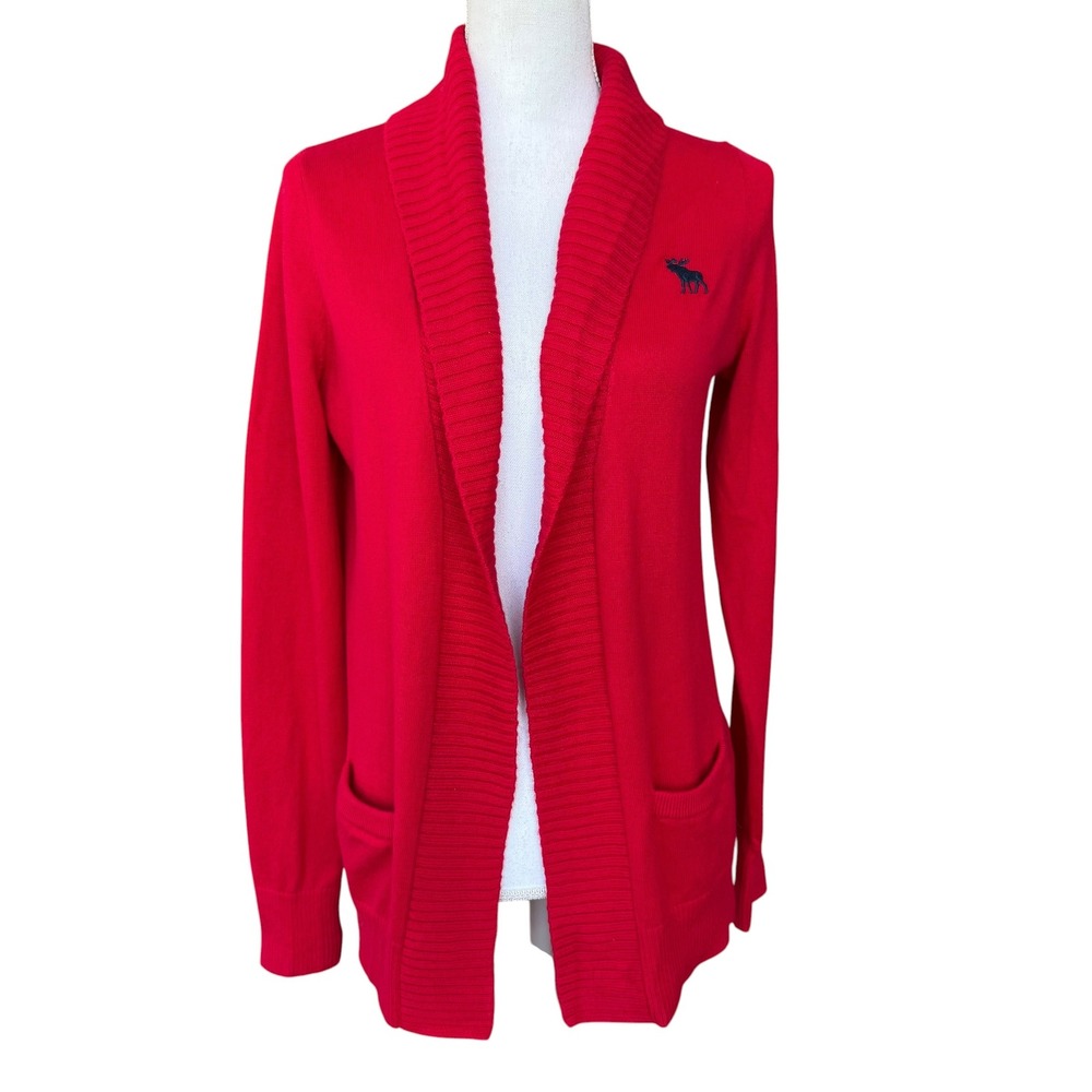 Abercrombie & Fitch Red Shawl Collar Cardigan Sweater Moose Logo Womens Medium
